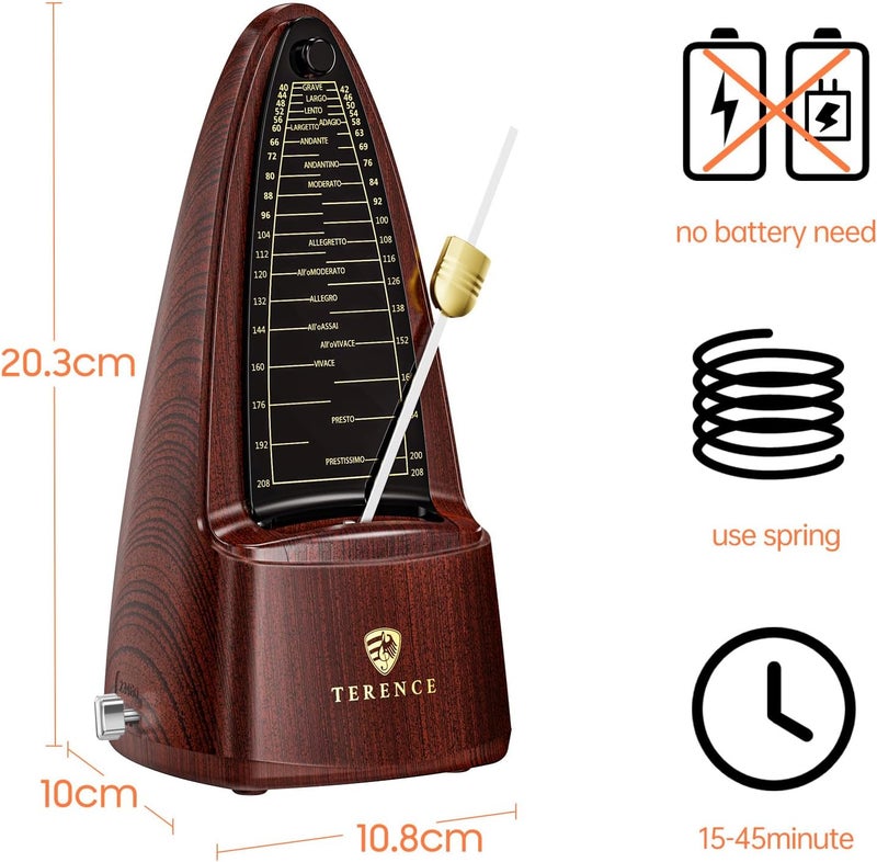 TERENCE Mechanical Metronome Metronomes for Piano Guitar Drum Violin and Other Instruments Metronomes for Beginner Adults and Kids(Brown) - Image 4